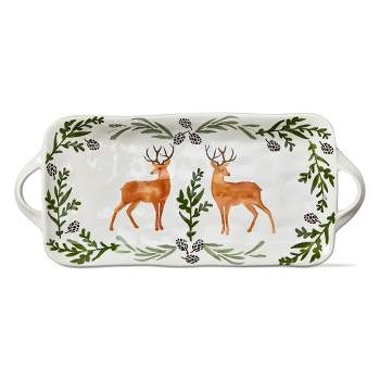 tagltd Warm Wishes Stag Rectangle Earthenware Serving Platter with Handles. 2 Deer with Pinecone & Greenery Borders on White Background, 17 x 9 in.