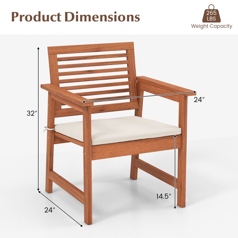 Costway Outdoor Dining Chair Patio Solid Wood Chairs with Comfortable Cushions, 3 of 10