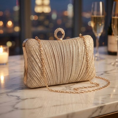 Сумки INSPIRE CHIC Clutch Purse Pleated Evening Bag for Women Handbags with Rhinestone Ring Champagne 7.9*2.4*4.7 inches — фото 4