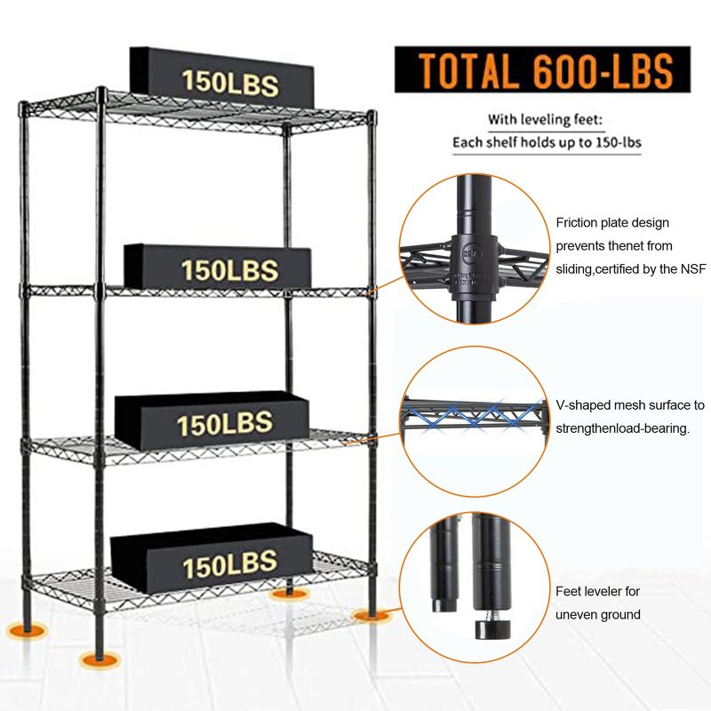 SKONYON 4 Shelf Wire Shelving Black Storage Shelf, 1000Lbs Capacity, 4 of 8