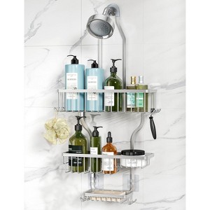 Aoibox Rust-Free Hanging Shower Caddy Organizer with 10 Hooks for Razor, Sponge & Soap Basket - Silver Aluminum Overhead Storage - 1 of 4