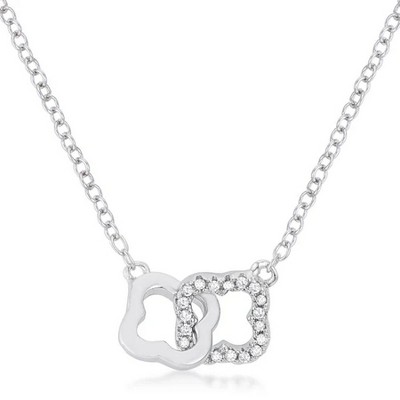ShineHigh Rhodium-Plated Floral Pattern Link Necklace with .21 Ct Round CZ Accents – Interlocking Clover Design Pendant for Women