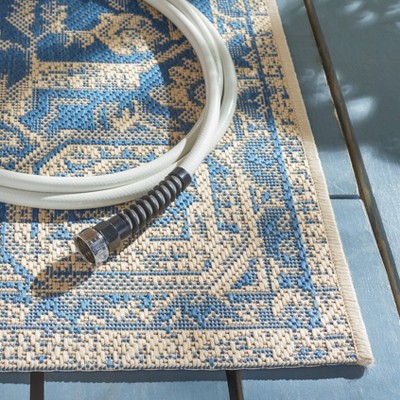 Blue and Creme Medallion Synthetic Indoor/Outdoor Runner Rug