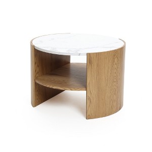 LuxenHome Natural Finish Manufactured Wood 23.6-Inch Round Coffee Table with Faux Marble Top Brown - 1 of 4