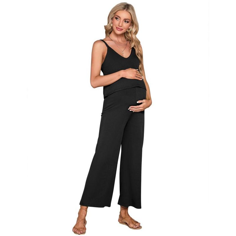 Women's Maternity Jumpsuit Sleeveless V Neck Ribbed Adjustable Strap Layered Front Wide Leg Overall Rompers, 1 of 7