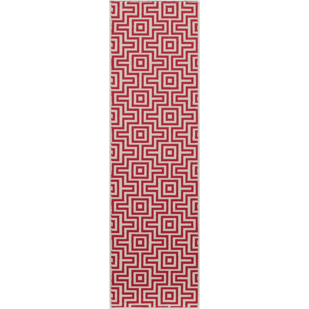 2'3 x8' Solid Runner Red - Momeni This elegant indoor/outdoor all-weather area rug offers everything you need to complete the ultimate outdoor room. Repeating stripes, diamonds, trellis and arabesque shapes meet nautical icons like ropes, anchors and waves, adding a luxe layer to all interior and exterior living spaces, including patios, porches and pool decks. Durable power-loomed construction ensures each decorative floorcovering transitions beautifully from season to season while the vibrant color palette and enduring polypropylene fibers offer endless design possibilities indoors and out. Size: 2'3 X8' RUNNER. Color: Red. Pattern: Solid.
