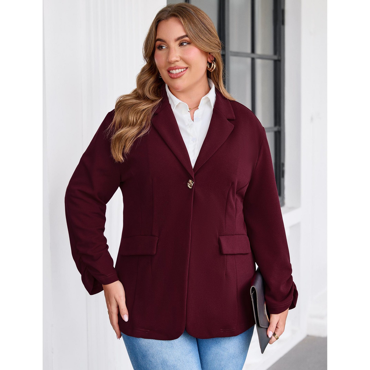 Женские кардиганы YesFashion Women Plus Size Blazer Jacket, Notched Lapel One‑Button Open Front Cardigan, 3/4 Ruched Sleeve Business Casual Outerwear, XL, Wine Red, цвет: Винный — фото 2