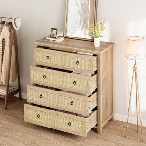 4-Drawer Dresser Log Color Rattan Surface Circular Handle Design Storage Organizer Bedroom Living Room - 1 of 4