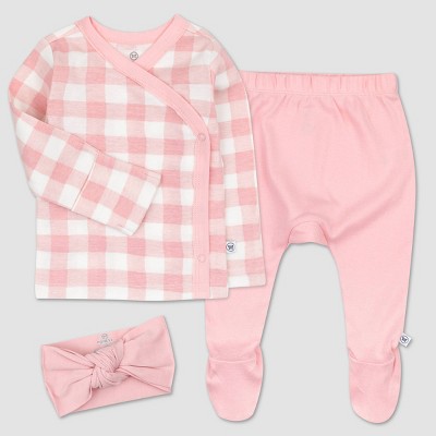 Image of Honest Baby Girls' 3pc Organic Cotton Painted Buffalo Kimono Top and Footed Pants with Headband - Pink/White Newborn