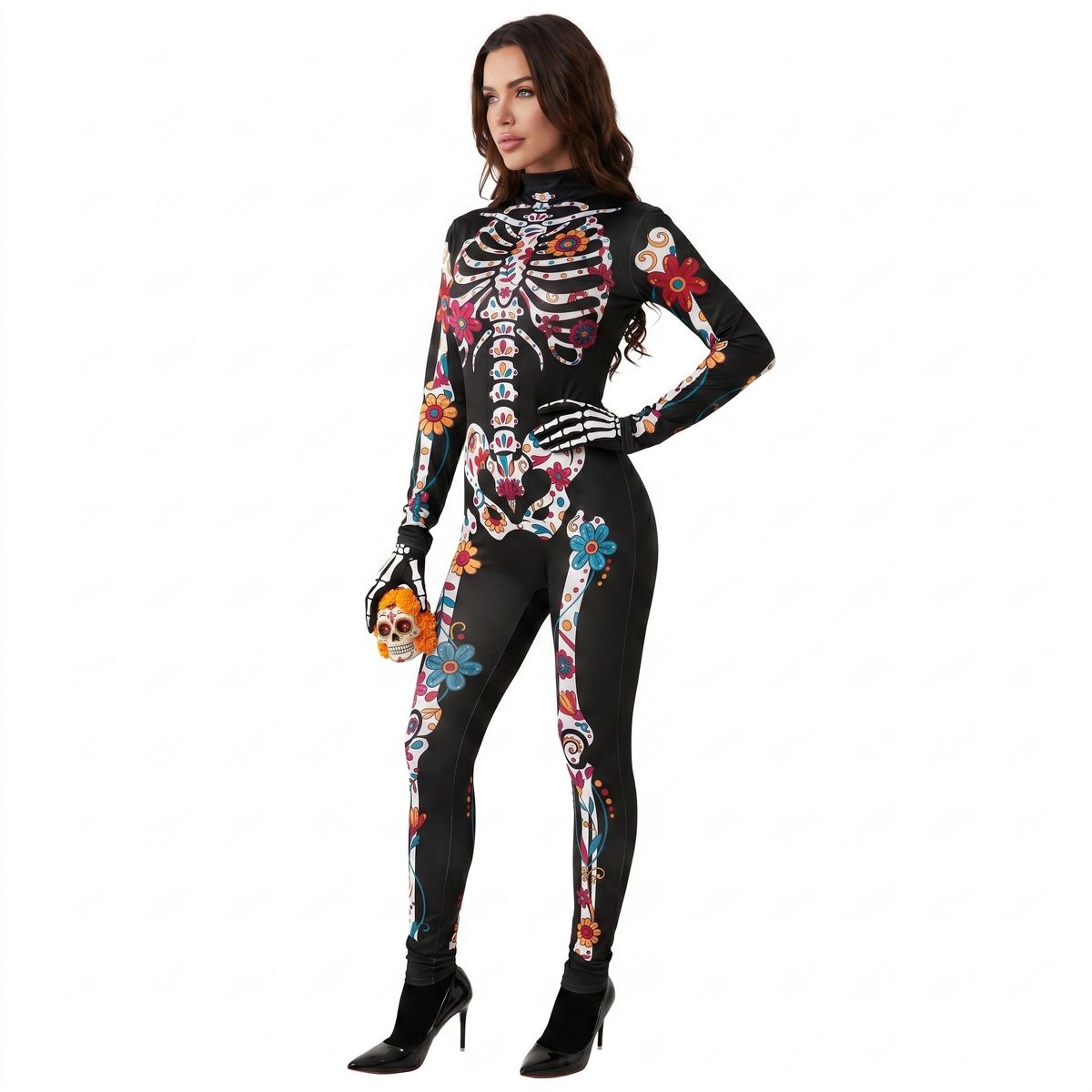Joyfy Women Halloween Floral Skeleton Jumpsuit Costume, Halloween Party Skeleton Jumpsuit for Adults Women - thumbnail 5