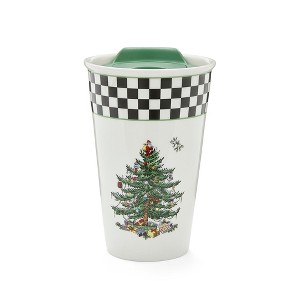 Spode Black & White Travel Mug, 8 oz - Porcelain Holiday Mug with Christmas Tree Motif & Checker Border - Dishwasher & Microwave Safe - 1 of 4