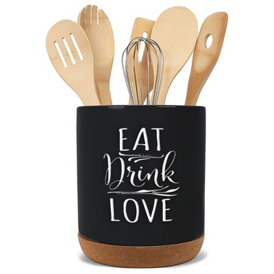 Elanze Designs Eat Drink Love Black X-Large Cork Bottom Kitchen Utensil Holder