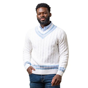 Hope & Henry Men's Organic V-Neck Cricket Sweater, White with Blue and Pink, Small - 1 of 4