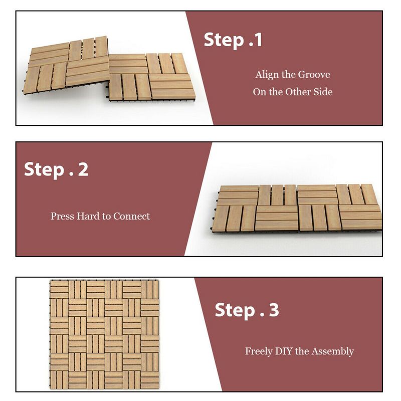 Costway 40PCS 12'' x 12'' Acacia Wood Deck Tiles Interlocking Patio Pavers Check Pattern, 3 of 11