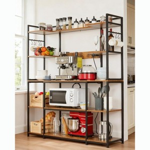 Kitchen Bakers Rack with Power Outlet ,Microwave Oven Stand with Storage 4 Tiers,Coffee Bar Table with 6 S Hooks,Kitchen Storage Shelf Rack - 1 of 4