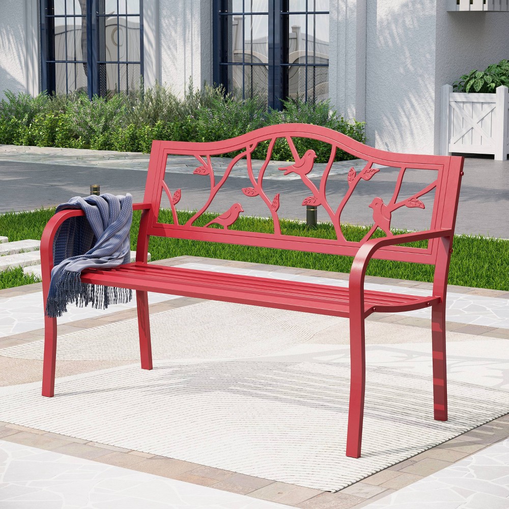 Metal Patio Bench with Steel Frame - Red - Captiva Designs: Weather-Resistant Garden Loveseat