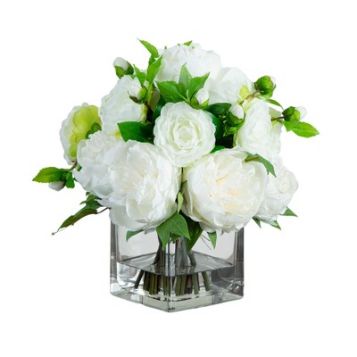 Nearly Natural Wedding Collection 13-in Peony and Camellia Artificial Arrangement in Glass Vase