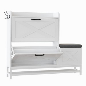 Shoe Cabinet with 2 Flip Drawers with Padded Seat Cushion - Narrow Shoe Organizer Rack for Entryway, Front Door, Foyer, Hallway, Antiseptic Wood - 1 of 4