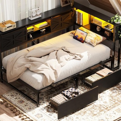 Aheaplus Rebersible Daybed with Bookcase and Drawer, Corner Bed Frame with Sliding Door, Black