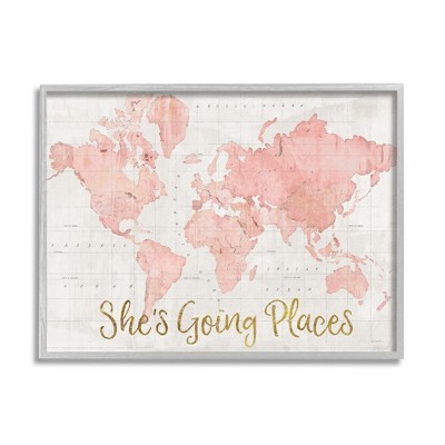 Stupell Industries She's Going Places Quote Pink Watercolor World Map