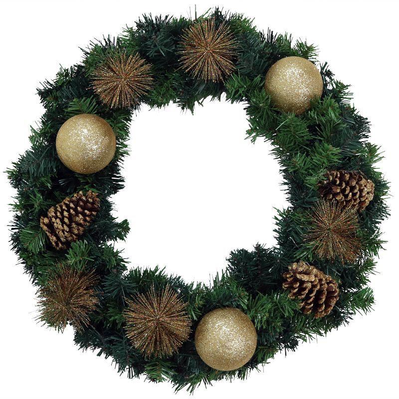 Sunnydaze Indoor/Outdoor Artificial Unlit Christmas Holiday Wreath with Golden Baubles and Pinecones - 24" - Green, 1 of 7