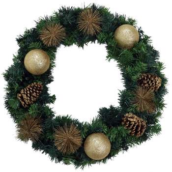 Sunnydaze Indoor/Outdoor Artificial Unlit Christmas Holiday Wreath with Golden Baubles and Pinecones - 24" - Green