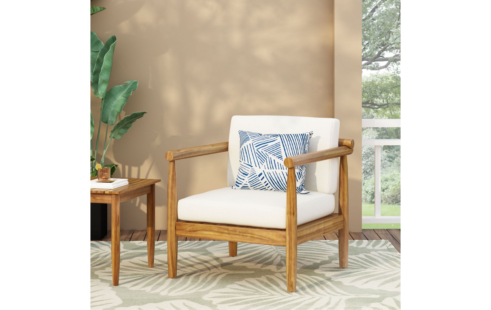 Acacia Wood Outdoor Club Chair with Cream Water-Resistant Cushion, Slat Design Patio Lounge Chair-3irtyhousy