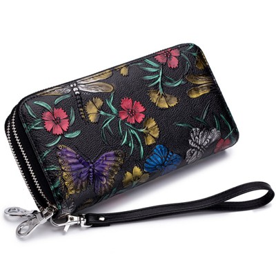BEAFUP Women's Wallet,Creative Floral PrintLarge Capacity Double Zip Leather Wallet,RFID Blocking and Wristlet,(Random Print)
