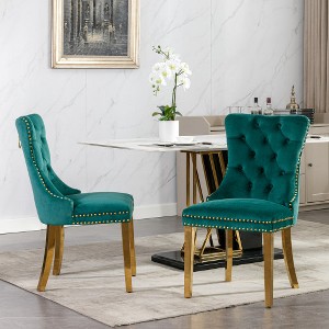 Akoasm Set of 2 Modern Tufted Solid Wood Velvet Upholstered Dining Chair with Gold Stainless Steel Plated Legs-Green - 1 of 4