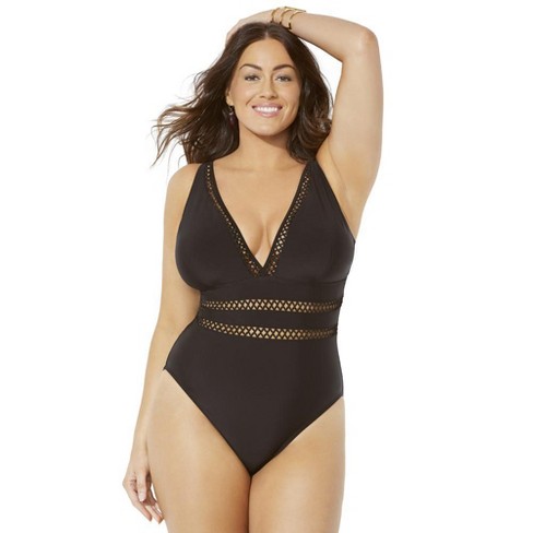 Swimsuits for All Women's Plus Size Lattice Plunge One Piece Swimsuit, 26 -  Black