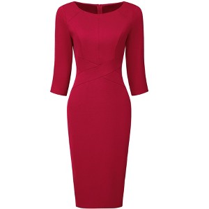 Hobemty Women's Work Zipper Neck Cross Waist-Lined 3/4 Sleeve Midi Pencil Dresses - 1 of 4