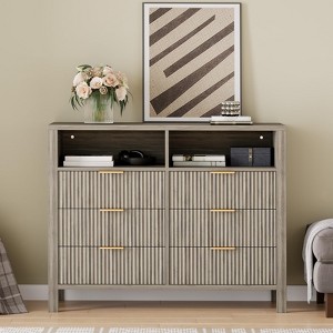 6 Drawer Dresser for Bedroom, Farmhouse Chest of Drawers with 2 Open Shelves and Fluted Doors, Home Storage and Organization - 1 of 4