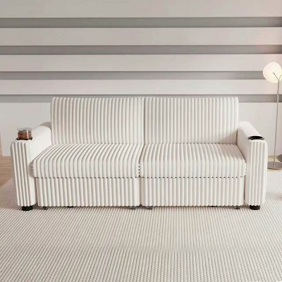 Dyonery 91'' Sectional Sleeper Sofa Bed with Pull Out Bed, with Reclining Backrest/Two Pull Out Beds/USB Ports/Cup Holders, Plush Corduroy