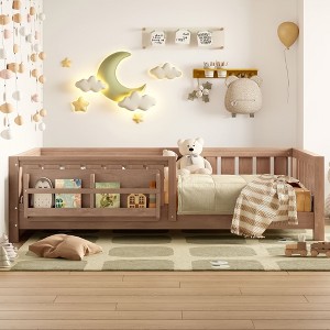 Okak Twin/Full Size Platform Beds with Storage Bookshelf & Guardrails,Solid Wood Bed Frame for Kids,Teens,No Spring Box Needed - 1 of 4