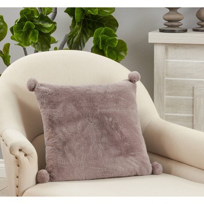 Gray Faux Rabbit Fur Square Throw Pillow with Pom-Poms