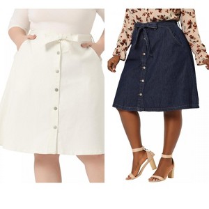 Agnes Orinda Women's Plus Size Tie Waist Button Front Pockets A-Line Midi Denim Skirts - 1 of 4
