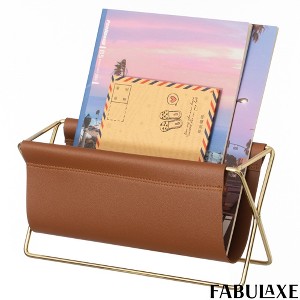 Fabulaxe Gold-Tone Metal Magazine Rack with Brown Faux Leather Sling Freestanding Organizer for Magazines Newspapers & Files - 1 of 4