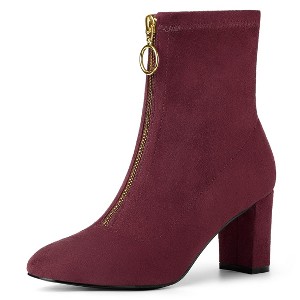 Allegra K Women's Front Zipper Chunky High Heel Ankle Boots - 1 of 4