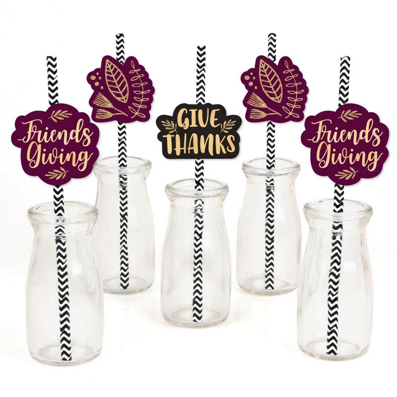 Big Dot of Happiness Elegant Thankful for Friends - Paper Straw Decor - Friendsgiving Thanksgiving Party Striped Decorative Straws - Set of 24, 1 of 8