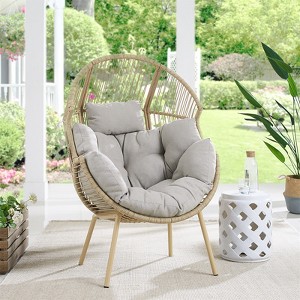 POCASSY Egg Chair Outdoor, Patio PE Wicker Rattan Egg Chair Lounge Basket Shape with Head Pillow - 1 of 4