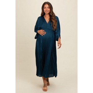 Pinkblush Teal Satin Pleated V-Neck Maternity Maxi Dress - 1 of 3