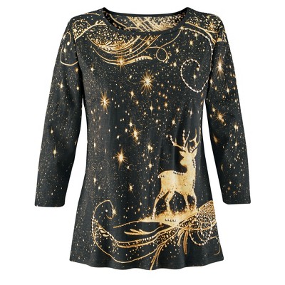 Collections Etc Festive Sparking Reindeer Sequin 3/4 Length Sleeve Top
