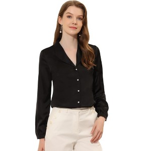 Allegra K Women's Elegant Workwear Satin Long Sleeves Turndown Collar Button Down Shirt - 1 of 4