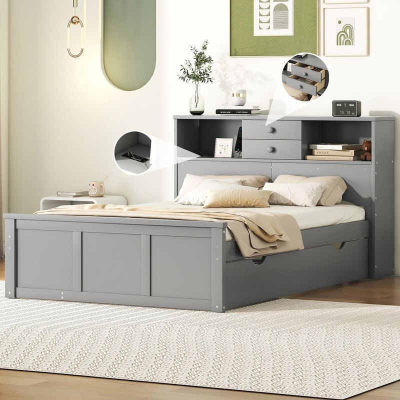 Full Size Wood Pltaform Bed with Twin Size Trundle, 3 Drawers, Upper Shelves and USB Ports 4A - ModernLuxe, 1 of 10