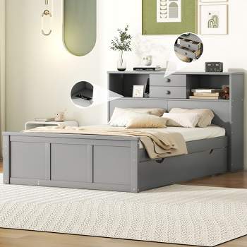 Full Size Wood Pltaform Bed with Twin Size Trundle, 3 Drawers, Upper Shelves and USB Ports 4A - ModernLuxe