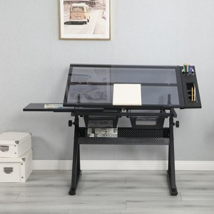 Drafting Desk With Side Shelf 0 To 75° Adjustable Tilting Drawing Desk Tempered Glass Art Table Writing Desk With Chair Stationery Storage Drawers - 1 of 4