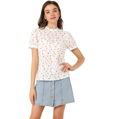 INSPIRE CHIC Women's Keyhole Back Stand Collar Short Sleeve Floral Blouse
