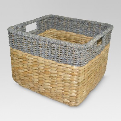 gray wicker storage baskets