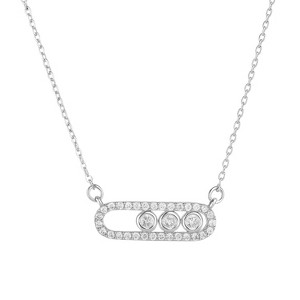 Silver-Tone Three-Stone Bar Pendant Necklace with Cubic Zirconia, Elegant Jewelry for Women, Daily & Special Occasions - 1 of 4