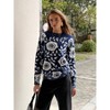 Women's Navy White Floral Print Crew Neck Sweater - 3 of 4